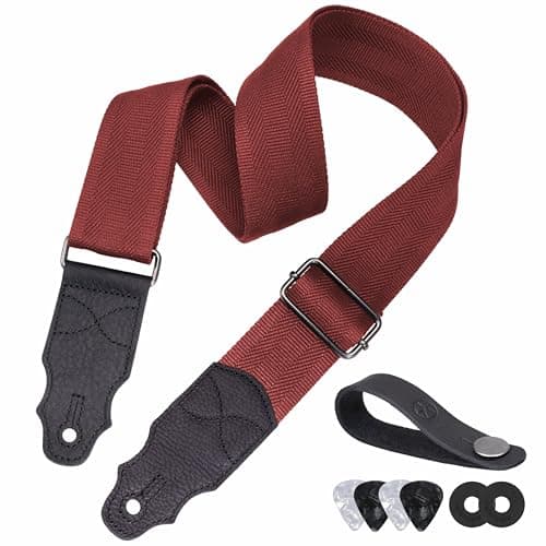 Head Layer Cowhide Leather Guitar Strap, 2-Inch Wide, 2 Locks, 4 Picks — Red