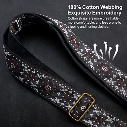 Embroidered Cotton Guitar Strap with Leather Ends - Best Gift for Kids and Guitarists