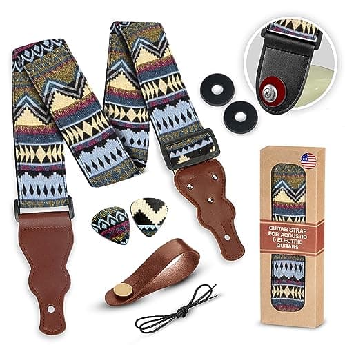 Vintage Woven Embroidered Guitar Strap - White,Adjustable for Acoustic, Electric & Bass Guitars Includes Picks — A Multi Color