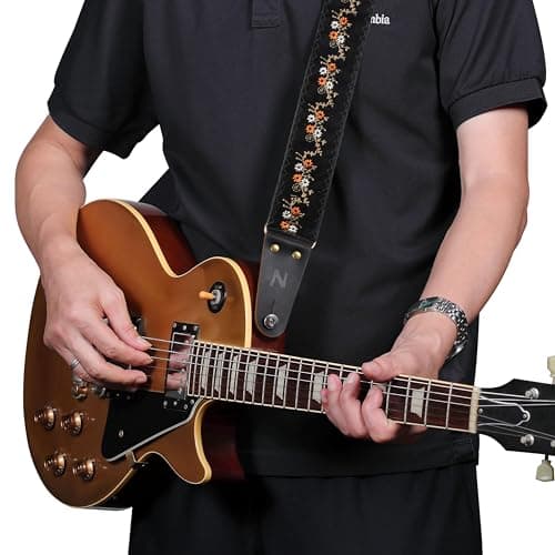 Nefelibata Flower Embroidery Guitar Strap, Cowhide Ends, Free Button & Locks, 1 Pair Picks