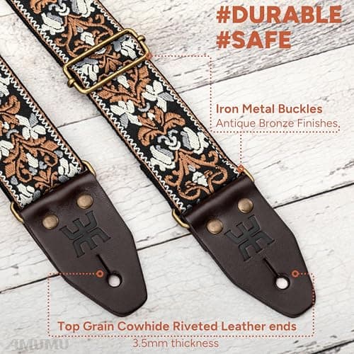 Amumu Black Brown Spade Heart Embroidery Vintage Guitar Strap