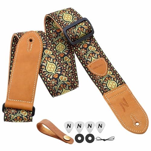 Nefelibata Vintage Woven Guitar Strap, Double Leather Ends, Vintage Blue Gold Embroidery-Free Bonusurities — B#-vintage Gold Yellow Embroidery