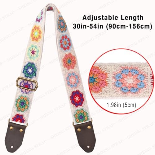 Beige Crochet Flower Guitar Strap for Acoustic, Bass, Electric (2" Wide)