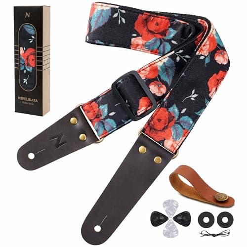 Vintage Embroidered Nefelibata Guitar Strap with Cowhide Ends, 1 Pair Locks & Picks — Red Roses