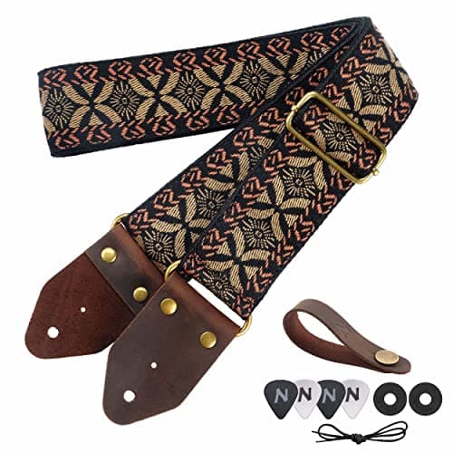 Nefelibata Guitar Strap with Crazy Horse Leather Ends for Bass, Electric & Acoustic — Y#-golden Embroidery