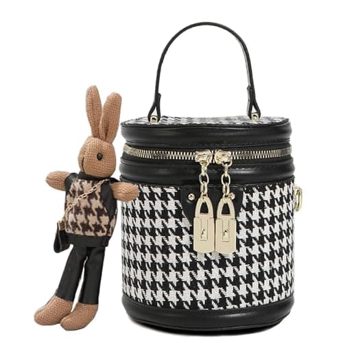 RTGGSEL Quilted Lattice Shoulder Bag for Women with Bunny Pendant — Bucket Houndstooth Black
