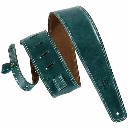 Nefelibata Vintage Green Guitar Strap, 2.5" Wide Tumbled Leather with Padding and Cable Loop — Oily Green