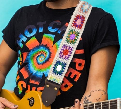 Crochet Flower Cotton Guitar & Bass Strap, Adjustable with Leather Ends