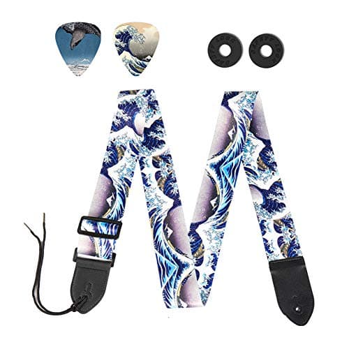 QIELIZI Adjustable Guitar Strap with 2 Locks, 2 Picks, Pick Holder & Leather Button — 1-huge Wave