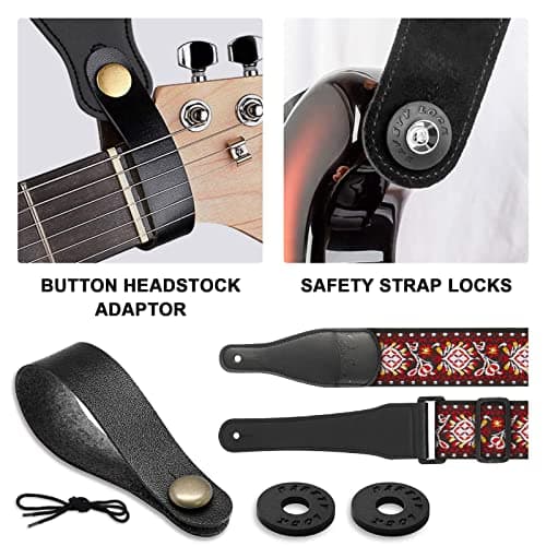 Jacquard Embroidered Cotton Guitar Strap with Leather Ends for Bass, Acoustic, Electric