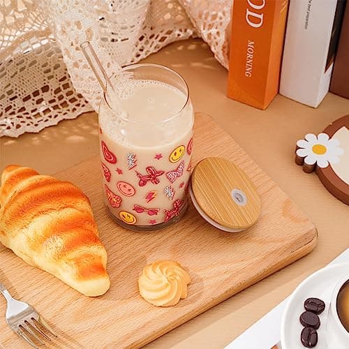 Preppy Glass Beer Can Glasses Set for Iced Coffee and Cocktails- 16oz with Accessories