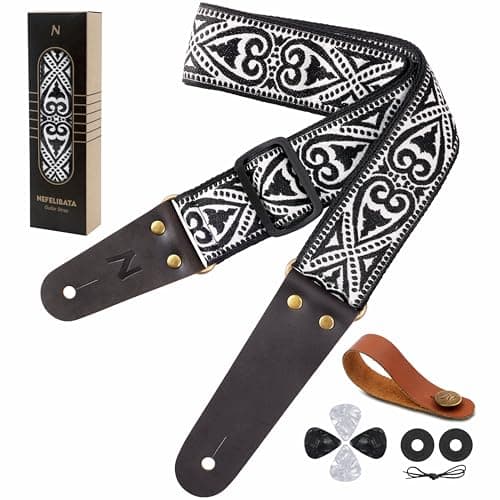 Vintage Embroidered Nefelibata Guitar Strap with Cowhide Ends, 1 Pair Locks & Picks — Silver Heart