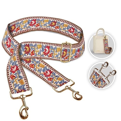 Art Tribute Wide Handbag & Purse Strap Woven Adjustable Bag Strap — Flowers - Gold