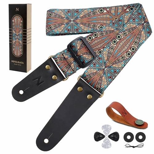 Vintage Embroidered Nefelibata Guitar Strap with Cowhide Ends, 1 Pair Locks & Picks — Boho Print
