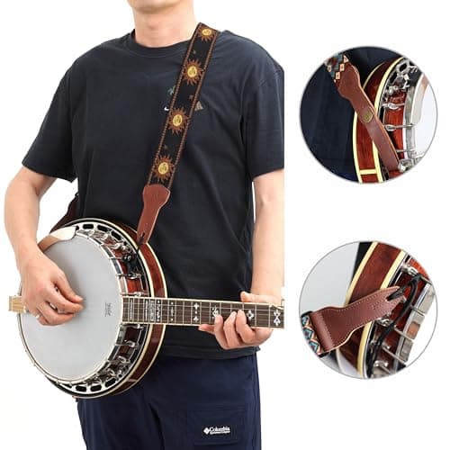 Nefelibata Banjo Strap, Wide Full Grain Cowhide Guitar Strap With Multi-pattern, Headstock Rope and Leather Headband.