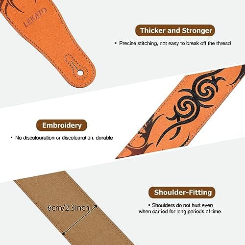 Lekato Jaffa Orange Suede Guitar Strap, Adjustable 35"-51"