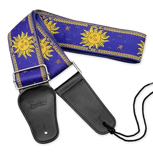 Sun Straps Vintage Embroidered Guitar Strap, Genuine Leather Ends Black — Sun Blue