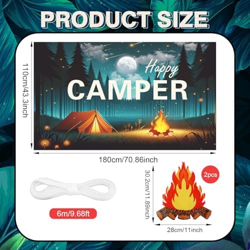 3Pcs Camping-Themed Party Decorations: Happy Camper Banner & Fake Campfire Centerpiece