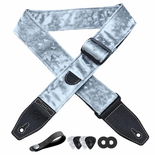 2 Inch Velvet Guitar Strap with Full Grain Leather Ends - Bass, Electric & Acoustic Compatible — Silver