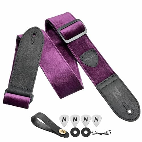 Nefelibata Guitar Strap with Double Leather Ends and Free Bonus - Gift for Bass, Electric, and Acoustic Guitars (Purple)