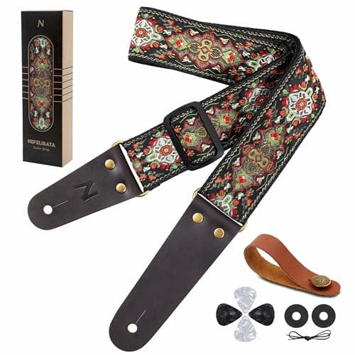 Nefelibata Embroidered Cotton Guitar Strap with Cowhide Ends (Saffron) — Green Shield