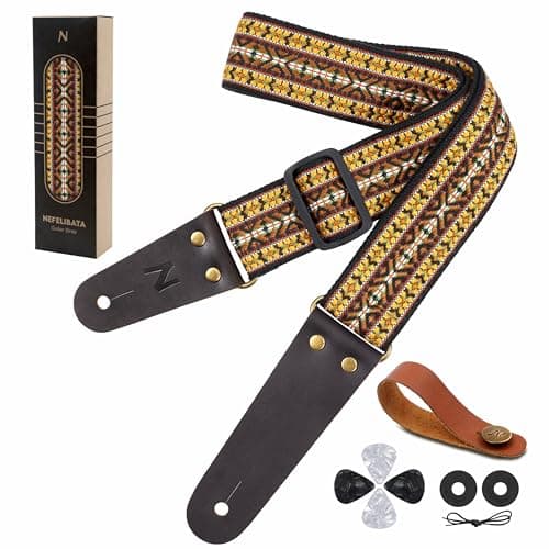 Nefelibata Embroidered Cotton Guitar Strap with Cowhide Ends (Saffron) — Yellow Arrow