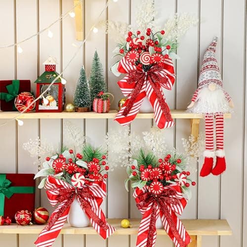 Christmas Mason Jars Decor Set with Peppermint Candy and Faux Plants for Holiday Table Centerpiece