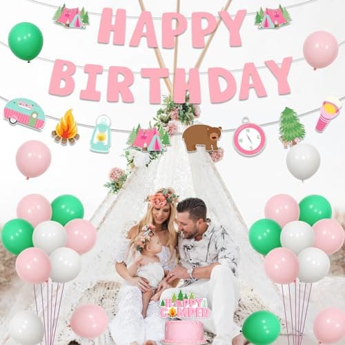Kreatwow Pink Camper Themed Happy Birthday Banner Garland for Girls Camp Adventure Party