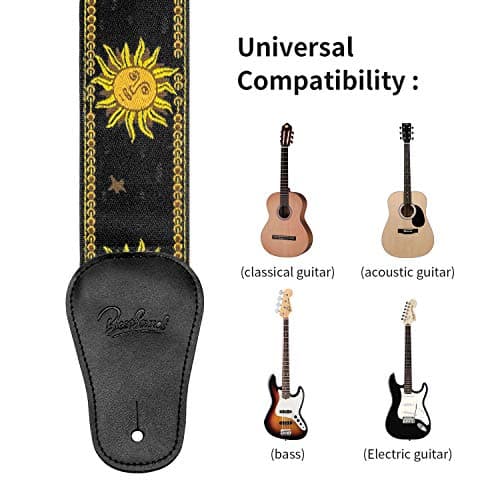 Sun Straps Vintage Embroidered Guitar Strap, Genuine Leather Ends Black