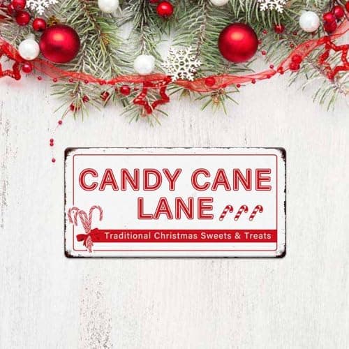 Traditional Christmas Candy Cane Lane Metal Tin Sign - Vintage Retro Kitchen Decor for Home or Cafe