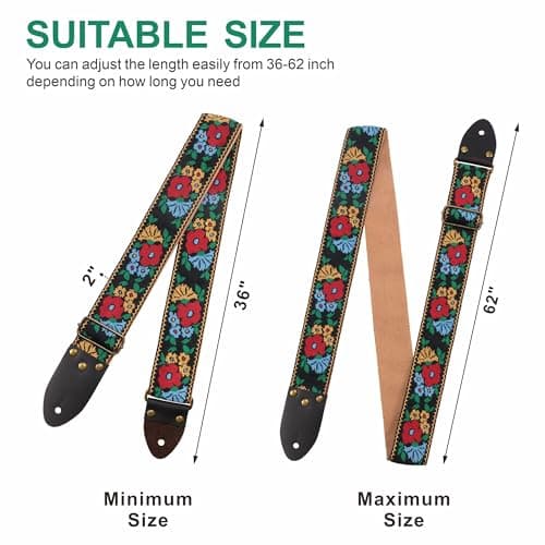Nefelibata Vintage Jacquard Embroidery Cotton Guitar Strap with Leather Ends for Electric and Acoustic Guitars - Includes Free Accessories