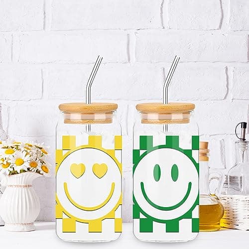 Preppy Checkered Happy Face Drinking Glasses Set for Cocktails and more