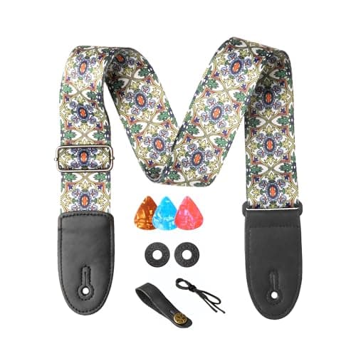 AZOR Vintage Woven Guitar Strap for Acoustic Electric Bass, Adjustable with Leather Ends & Strap Locks — Multi-color Totem