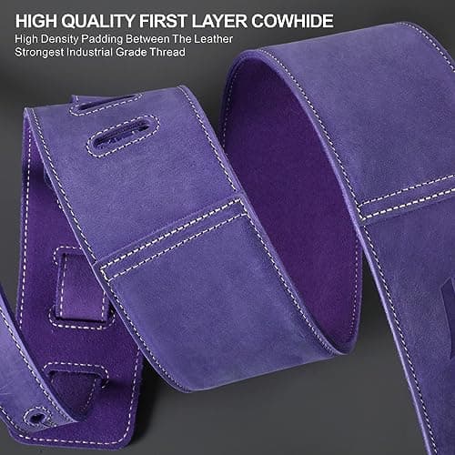 3 Guitar Strap in First Layer Leather with Foam Padding and Cable Storage Loops for Bass, Electric and Acoustic Guitars