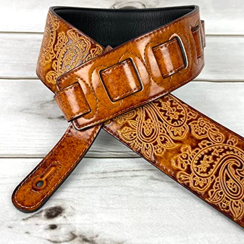 Walker And Williams Vintage Paisley Latigo Tan Padded Guitar Strap