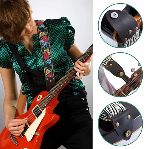 Nefelibata Vintage Jacquard Embroidery Cotton Guitar Strap with Leather Ends for Electric and Acoustic Guitars - Includes Free Accessories