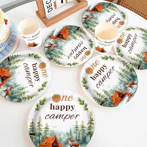 One Happy Camper Camping Party Decorations - 96PCS Disposable Dinnerware for 24 Guests