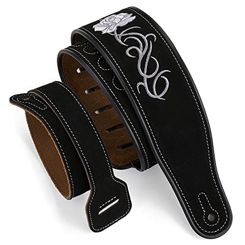 Amumu Black Suede Leather Flower Embroidered Guitar Strap