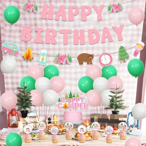 Kreatwow Pink Camper Themed Happy Birthday Banner Garland for Girls Camp Adventure Party