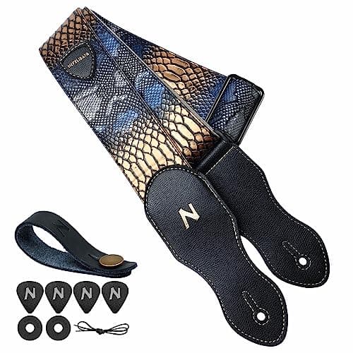 Nefelibata Guitar Strap with Pick Pocket, 60s Vintage Style (Green) — Blue&yellow Snakeskin
