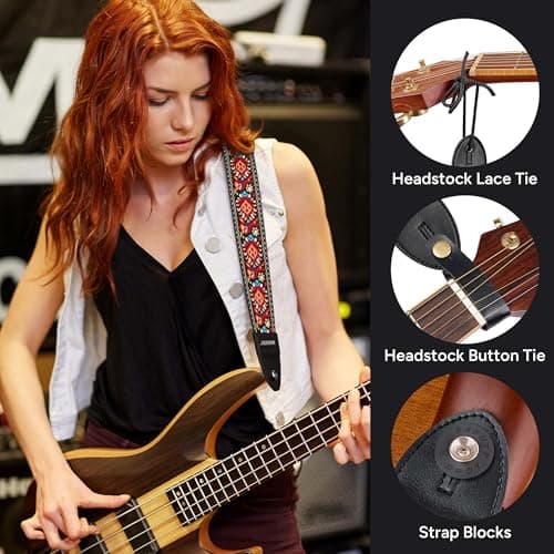 Amumu Red Flower Embroidery Guitar Strap for Acoustic, Electric & Bass - 2" Wide