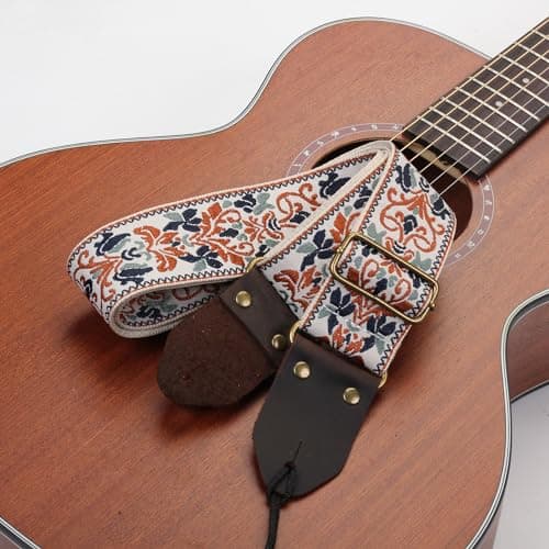 Embroidered Cotton Guitar Strap with Leather Ends for Bass and Electric Guitar