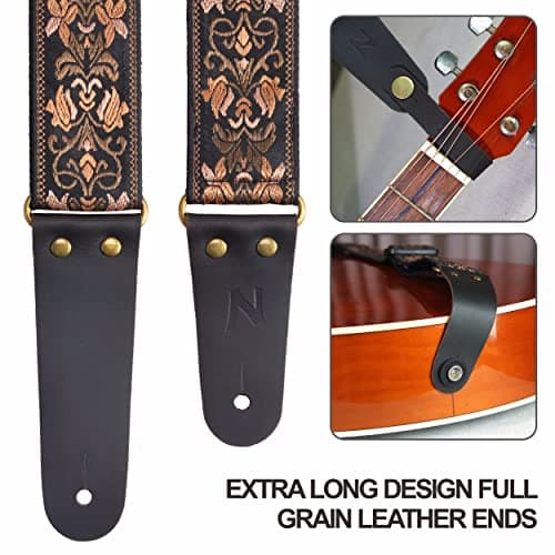 Nefelibata 2" Jacquard Embroidery Guitar Strap, Full Grain Leather Ends, Hidden Pocket, Bass, Electric & Acoustic Guitar