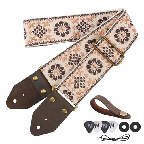 Nefelibata Guitar Strap with Crazy Horse Leather Ends for Bass, Electric & Acoustic — E#-Palm Flower Embroidery