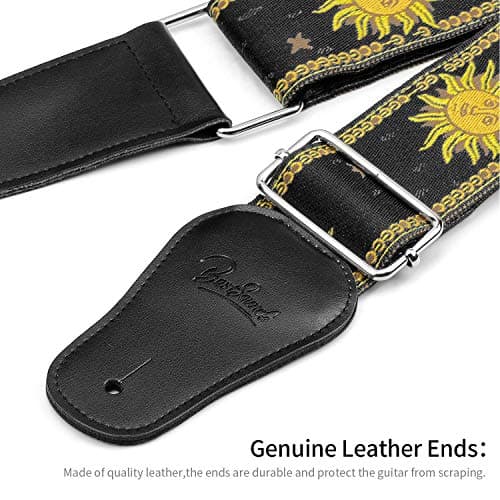 Sun Straps Vintage Embroidered Guitar Strap, Genuine Leather Ends Black