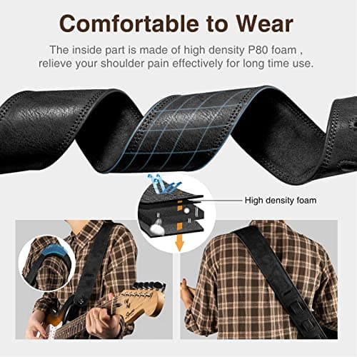 LEKATO Black 2.5" Padded Leather Bass Guitar Strap 41"-51" Adjustable