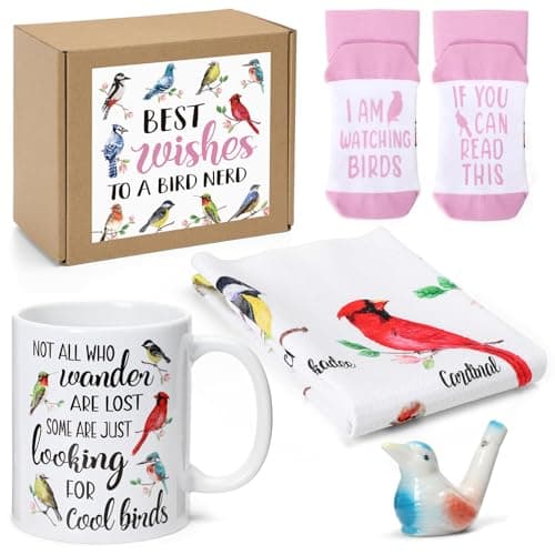 Nefelibata 4-in-1 Bird Lovers Gift Set for Women: Mug, Socks, Water Whistle, and Kitchen Towel