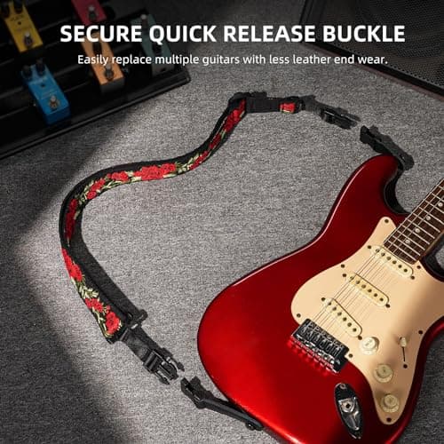 LEKATO Rose Embroidered Floral Bass Strap with Pick Holder (Red)