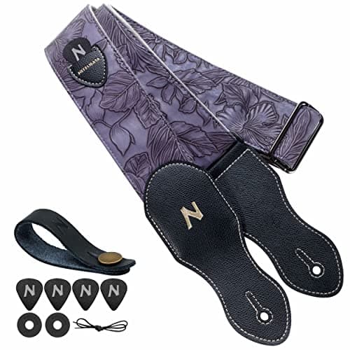 Nefelibata 2.3 Vegan Leather Guitar Strap with Pick Pocket - Vintage 60s Style (Green) — A# - Purple