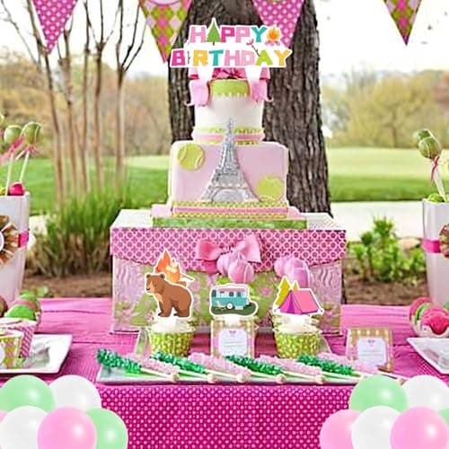 Pink Camping Birthday Banner for Girls - Happy Camper Adventure Supplies